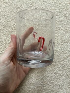 Crate&Barrel Clear Glass Tumbler with Red Candy Cane Accent